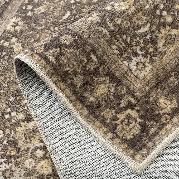 HUGEAR 3x5 Machine Washable Rugs Brown Hallway Area Rug Indoor Accent Rug Floral Low Pile Carpet Soft Throw Rug Bedroom Living Room Office Dining Room Kitchen Laundry Room Non Slip
