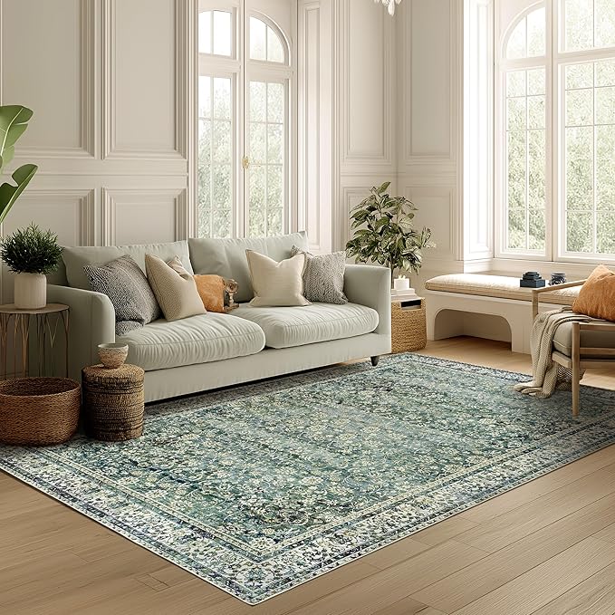 Dark Green 5x7 Area Rugs for Living Room Christmas Low Pile Soft Moody Floral Rug with Washable Non Slip Boho Vintage Oriental Indoor Carpet for Bedroom Dining Room,5 by 7,Dark Emerald Green
