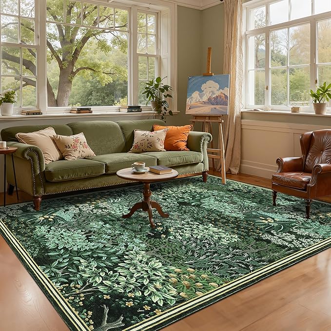 GarveeHome Forest Rugs 8x10, Dark Green Washable 8x10 Area Rug for Living Room, Botanical Low Pile Non Slip Stain Resistance Large Carpet for Office Dining Room, Farmhouse