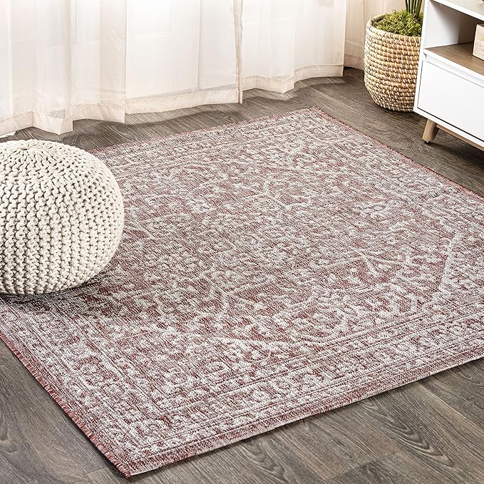 JONATHAN Y Boho Medallion Indoor Outdoor Square Area Rug 5X5 Red/Taupe, Malta Textured Weave for Backyard, Patio, Porch, Easy-Cleaning, High Traffic, Pet-Friendly, Non-Shedding (SMB104A-5SQ)