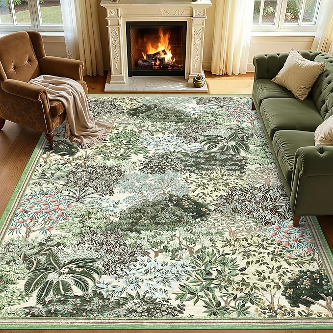GarveeHome Forest Rugs 5x7, Beige Green Washable Area Rugs for Living Room 5x7, Botanical Low Pile Non Slip Stain Resistance Woodland Rug for Farmhouse, Bedroom, Dining Room