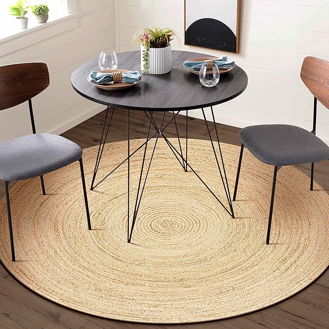 Hausattire Hand Woven Jute Braided Rug, 5??Round ??Natural, Reversible Boho Entry Area Rugs for Kitchen, Living Room I Farmhouse Decorative Floor Rug, 5 Feet Round