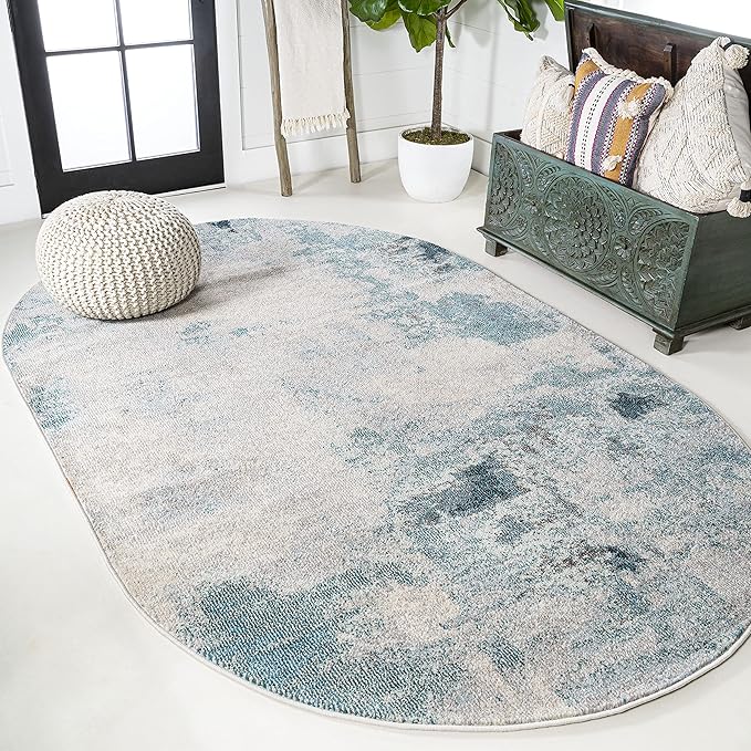 JONATHAN Y Modern Abstract Vintage Cream/Blue 4x6 Oval Indoor Area Rug, Contemporary POP, Transitional, Easy-Cleaning for Living Room, Bedroom, Kitchen, Pet Friendly, Non-Shedding (CTP104A-4OV)