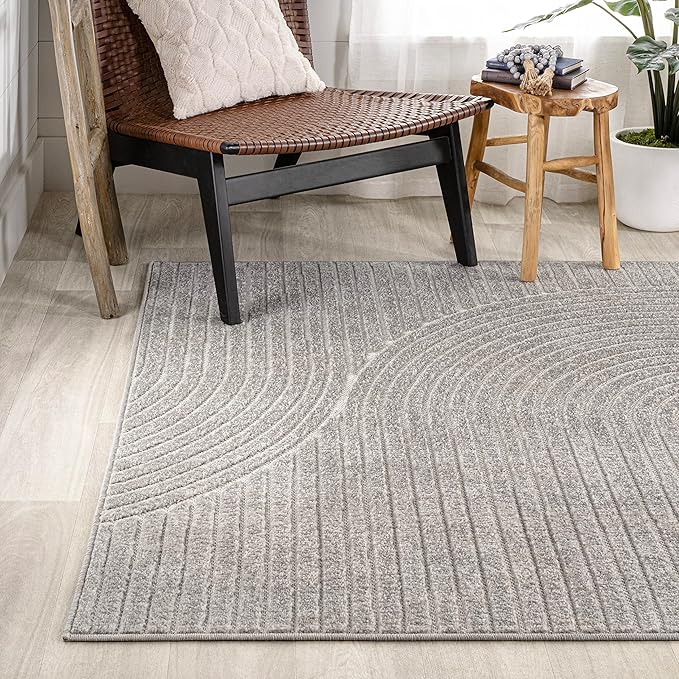 JONATHAN Y Hallie High-Low Curve Gray/Ivory Indoor/Outdoor Area Rug, 12x18, Minimalist, Pet Friendly, Non-Shedding, Stain Resistant, Hose-Washable for Backyard, Patio, Porch (SCN100A-18)
