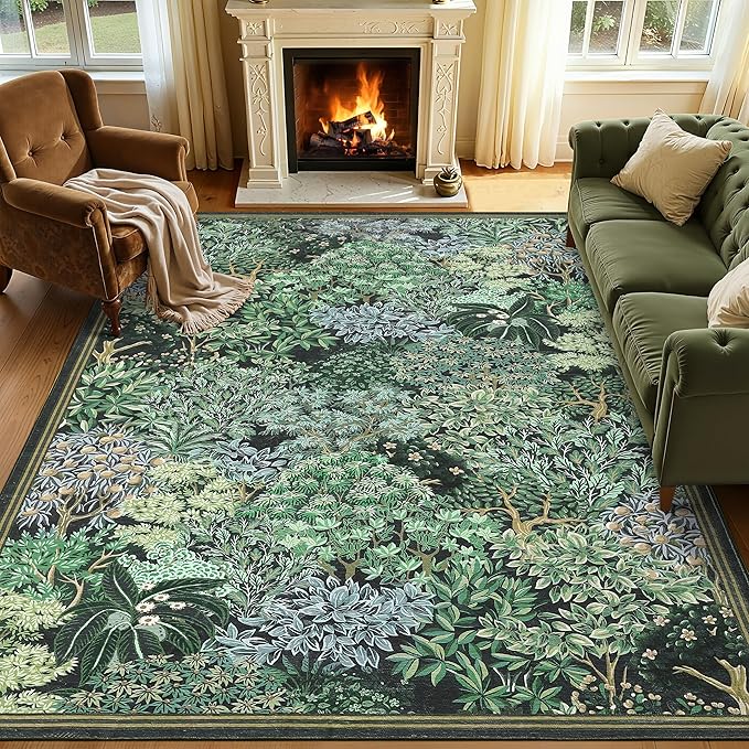 GarveeHome Forest Rugs 6x9, Blue Green Washable Area Rug for Living Room, Botanical Low Pile Non Slip Stain Resistance Woodland Area Rug for Farmhouse, Bedroom, Dining Room