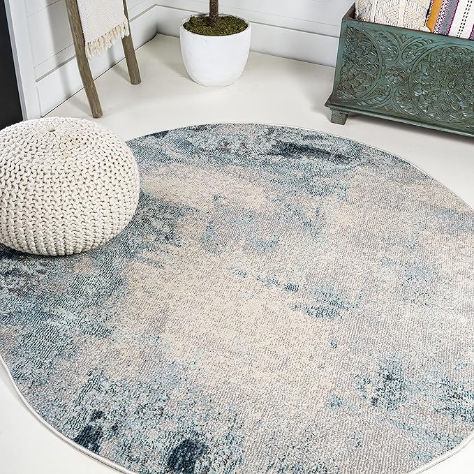 JONATHAN Y Modern Abstract Vintage Cream/Blue 4' Round Indoor Area Rug, Contemporary POP, Transitional, Easy-Cleaning for Living Room, Bedroom, Kitchen, Pet Friendly, Non-Shedding (CTP104A-4R)