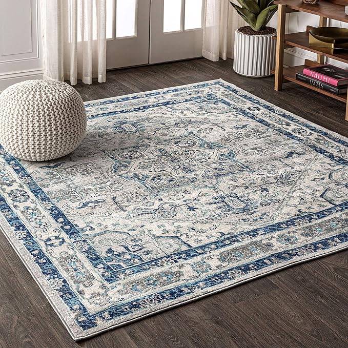 JONATHAN Y Modern Vintage Medallion Light Gray/Blue 8x8 Square Indoor Area Rug, Country, Floral, Easy-Cleaning for Living Room, Bedroom, Kitchen, Pet Friendly, Non-Shedding (MDP106A-8SQ)