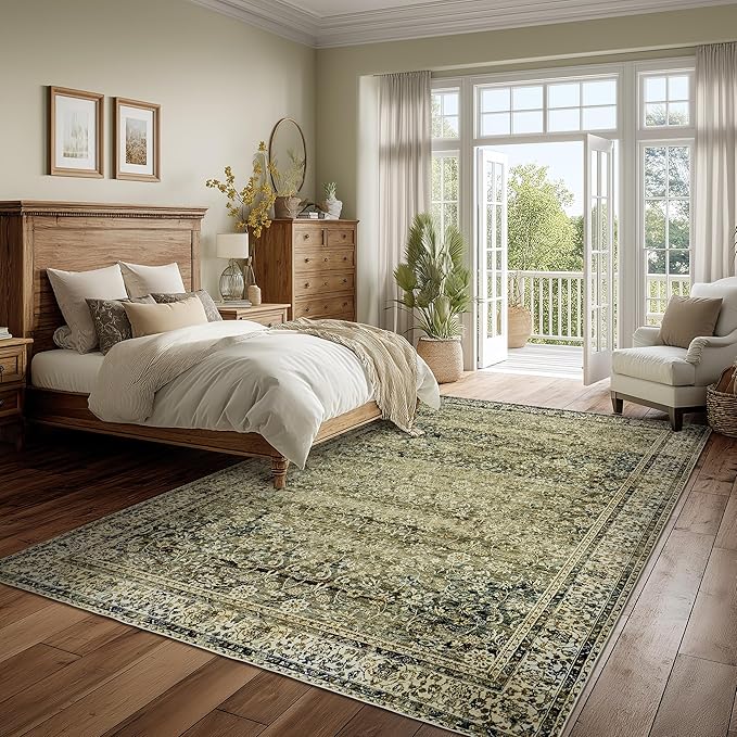 Large Boho Area Rugs 8x10 for Living Room,Low Pile Stain Resistant Neutral Vintage Distressed Style Machine Washable Rugs Carpet for Bedroom Dining Room,Olive Green and Cream