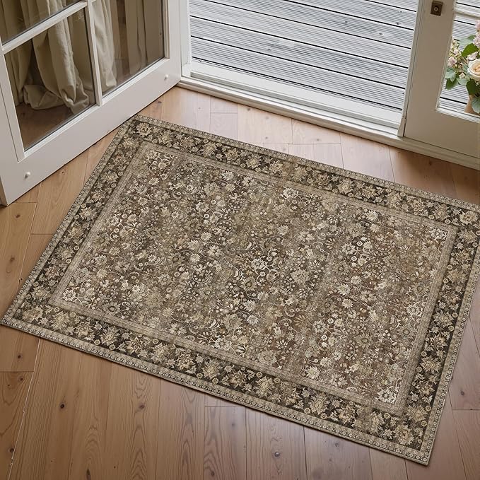 HUGEAR 2x3 Small Rug Machine Washable Area Rug Brown Entryway Rugs Entrance Door Mat Indoor Accent Rugs Floral Low Pile Carpet Distressed Throw Rug Kitchen Bedroom Office Non Slip