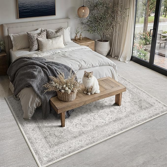 6x9 Grey Washable Vintage Area Rug for Living Room Bedroom Soft Tranditional Non Slip Large Throw Rug Lightweight Floral Low Pile Distressed Carpet Office Playroom Dinning Laundry Room Bathroom