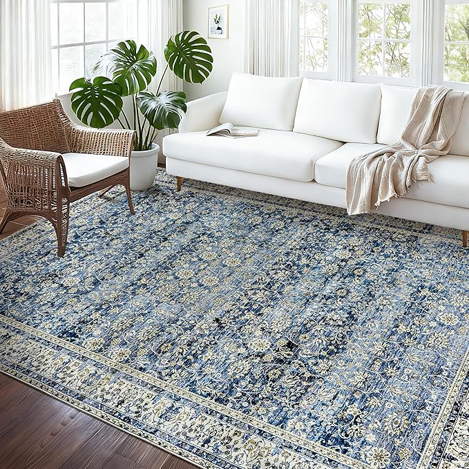 Blue Distressed Carpet Multi Rug Kitchen Living Room Bedroom Dining Room,6x9 Cover Print,Vintage Design Flower Area Rug