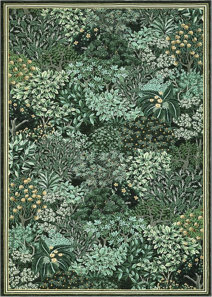 GarveeHome Forest Rugs 6x9, Dark Green Washable Area Rug for Living Room, Botanical Low Pile Non Slip Stain Resistance Woodland Area Rug for Farmhouse, Bedroom, Dining Room