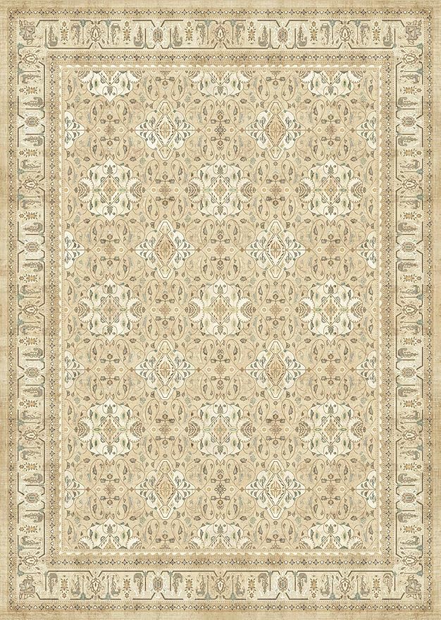Warm Beige Area Rug 5x7, Non Slip Washable Rugs for Living Room Bedroom Low Pile Thin, Boho Neutral Floral Moroccan Pattern Printed Carpet Rug for Nursery Playroom Dining Room Home Office