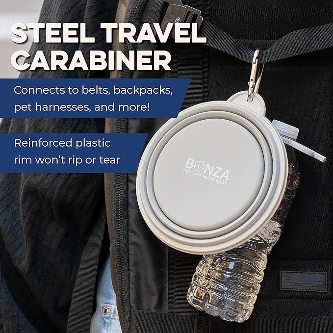 Bonza Collapsible Dog Bowls - Large 33 Oz, Dog Travel Accessories, Silicone Portable Dogs Bowl & Water Dish with Reinforced Rim & Carabiner for Hiking, Camping, and Car Trips, Navy Blue
