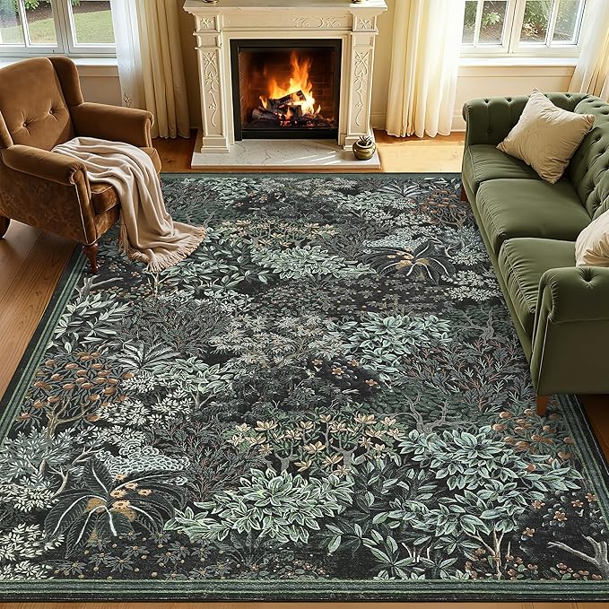 GarveeHome Forest Rugs 6x9, Black Green Washable Area Rug for Living Room, Botanical Low Pile Non Slip Stain Resistance Woodland Area Rug for Farmhouse, Bedroom, Dining Room
