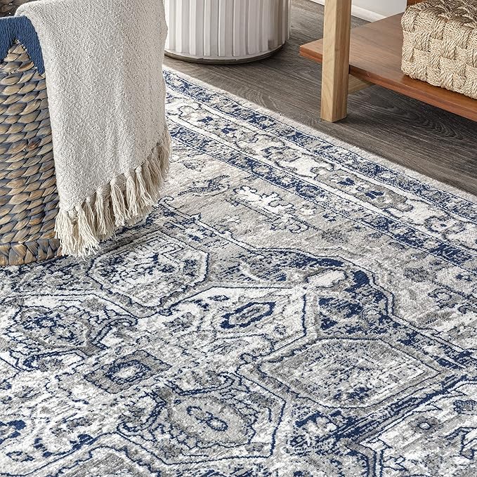 JONATHAN Y Modern Vintage Medallion Light Gray/Navy Indoor Area Rug, 8x10, Country, Floral, Easy-Cleaning for Living Room, Bedroom, Kitchen, Pet Friendly, Non-Shedding (MDP106B-8)