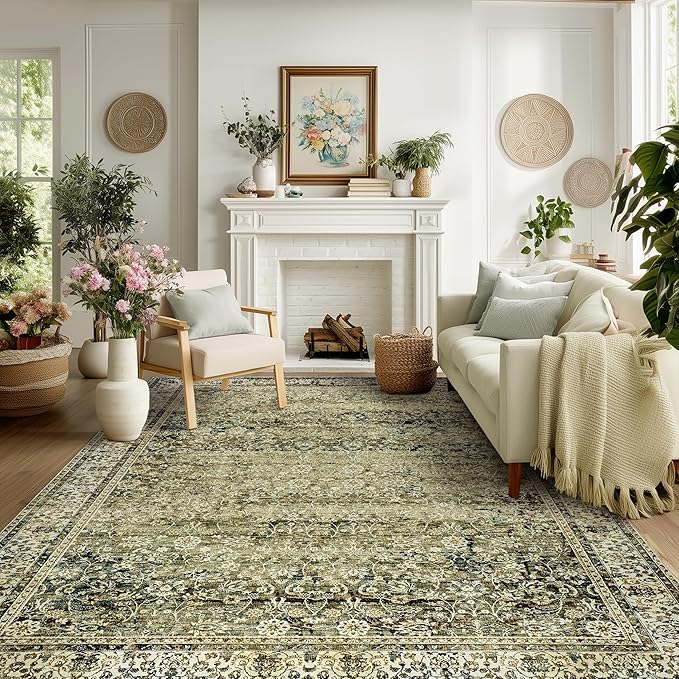 Washable 6x9 Area Rugs for Bedroom Aesthetic,Cozy Soft Neutral Distressed Floral Dark Olive Green Decor Vintage Boho Rug for Living Room Bed Room Dining Room