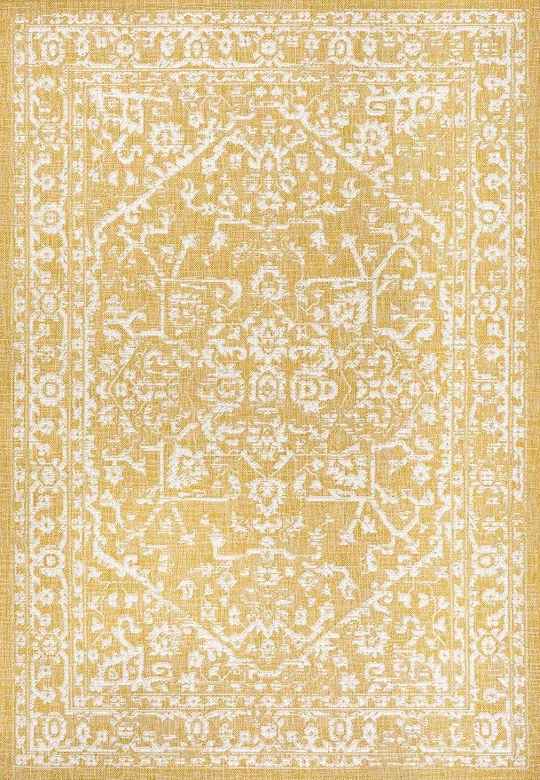 JONATHAN Y Boho Medallion Indoor Outdoor Area Rug 4X6 Yellow/Cream, Malta Textured Weave for Backyard, Patio, Porch, Easy-Cleaning, High Traffic, Pet-Friendly, Non-Shedding (SMB104G-4)