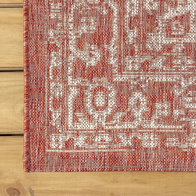 JONATHAN Y Boho Medallion Indoor Outdoor Round Area Rug 3 Ft Red/Taupe, Malta Textured Weave for Backyard, Patio, Porch, Easy-Cleaning, High Traffic, Pet-Friendly, Non-Shedding (SMB104A-3R)