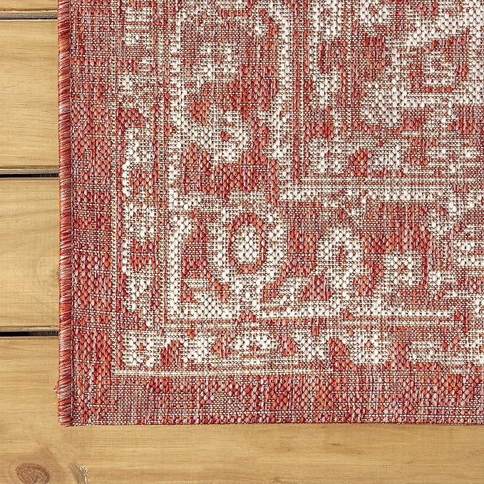 JONATHAN Y Boho Medallion Indoor Outdoor Round Area Rug 4 Ft Red/Taupe, Malta Textured Weave for Backyard, Patio, Porch, Easy-Cleaning, High Traffic, Pet-Friendly, Non-Shedding (SMB104A-4R)