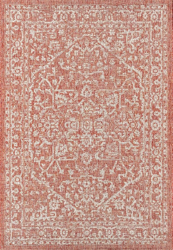 JONATHAN Y Boho Medallion Indoor Outdoor Area Rug 10X14 Red/Taupe, Malta Textured Weave for Backyard, Patio, Porch, Easy-Cleaning, High Traffic, Pet-Friendly, Non-Shedding (SMB104A-14)