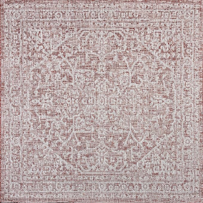 JONATHAN Y Boho Medallion Indoor Outdoor Square Area Rug 8X8 Red/Taupe, Malta Textured Weave for Backyard, Patio, Porch, Easy-Cleaning, High Traffic, Pet-Friendly, Non-Shedding (SMB104A-8SQ)